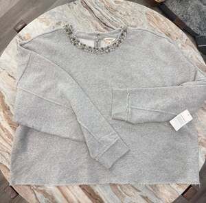 Lucky Brand Grey Beaded Embellished Raw Hem Long Sleeve Sweatshirt
